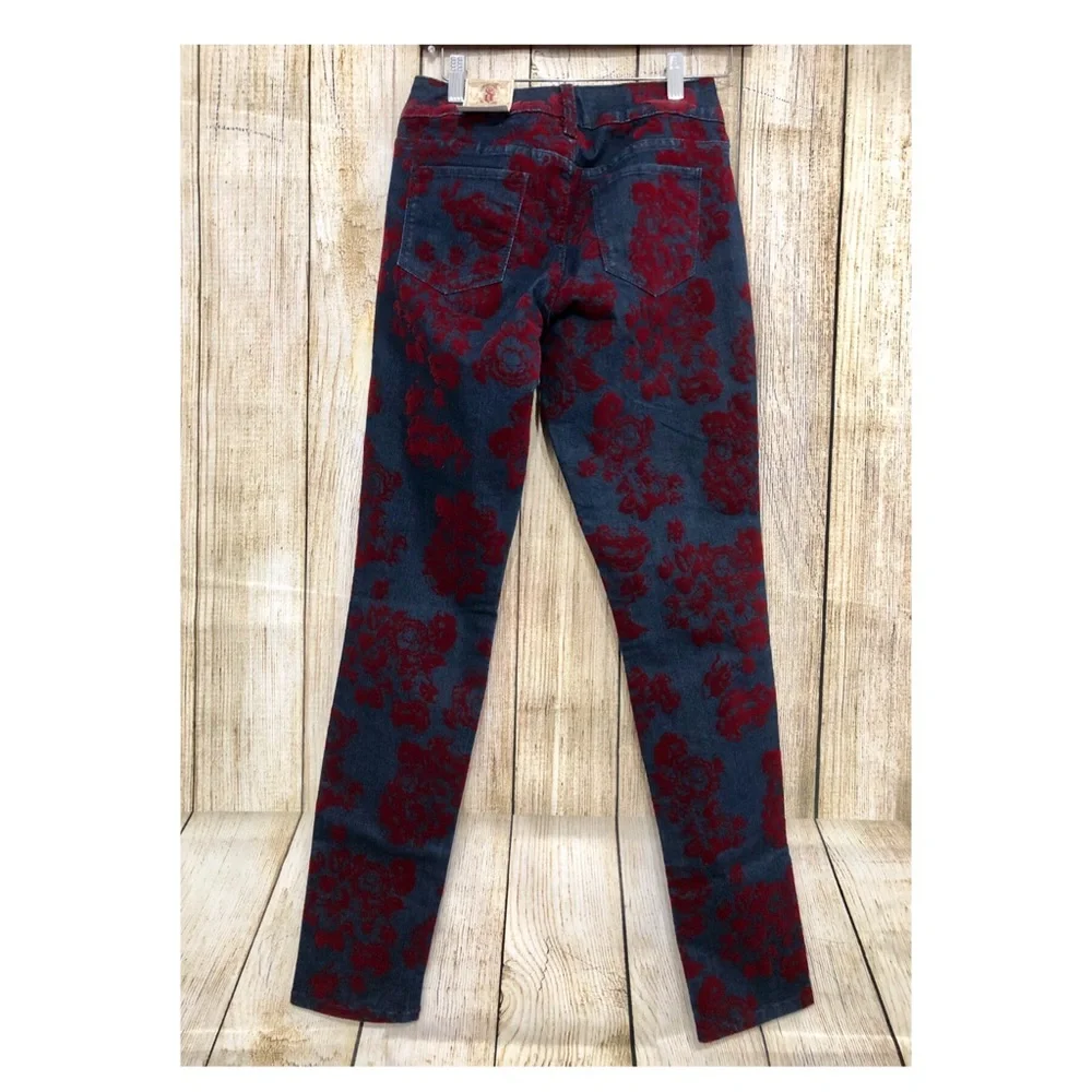 Decree Jeans Skinny Burgandy Velvet‎ Abstract Pattern Low Rise Goth Grunge Y2K
